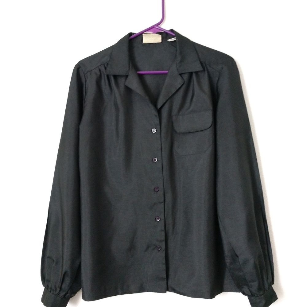 Lady Manhattan Vintage Black Blouse Shirt Long Sleeve Silkmana Large Chest 38"